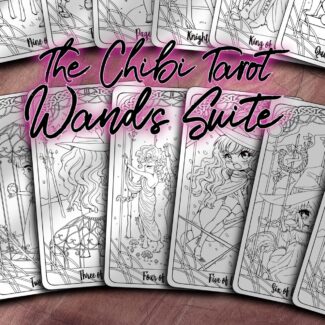 Chibi Tarot Coloring Pack: Wands Suite – Instant Digital Download – 14 Illustrations to Color